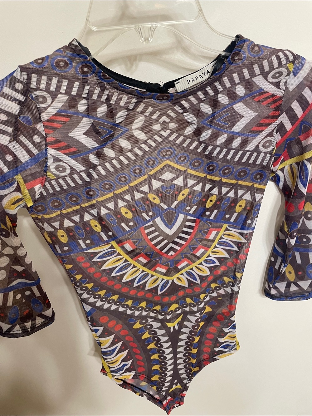 Papaya Multicolor Geometric Mesh Long-Sleeve Bodysuit